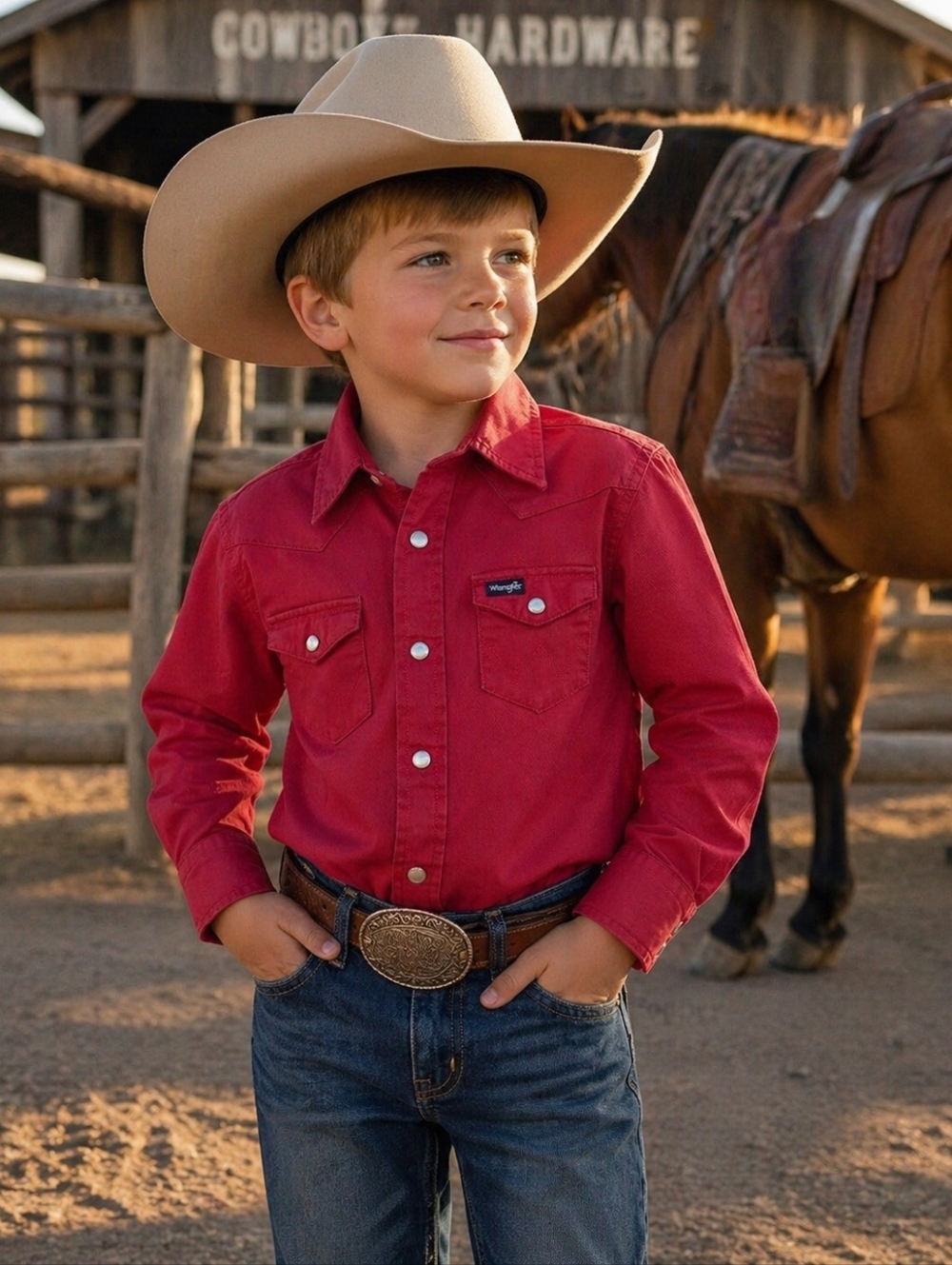 Boys WRANGLER Classic Brush-Popper Red western snap front Cowboy shirt sz 5/6